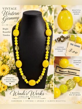 Vintage Western Germany Yellow Beaded Necklace Mid Century Statement Jewelry